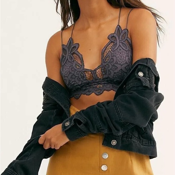 Free People Adella Crochet Lace Plunge Neck Bralette in Dark Grey - Size Small - Picture 3 of 7